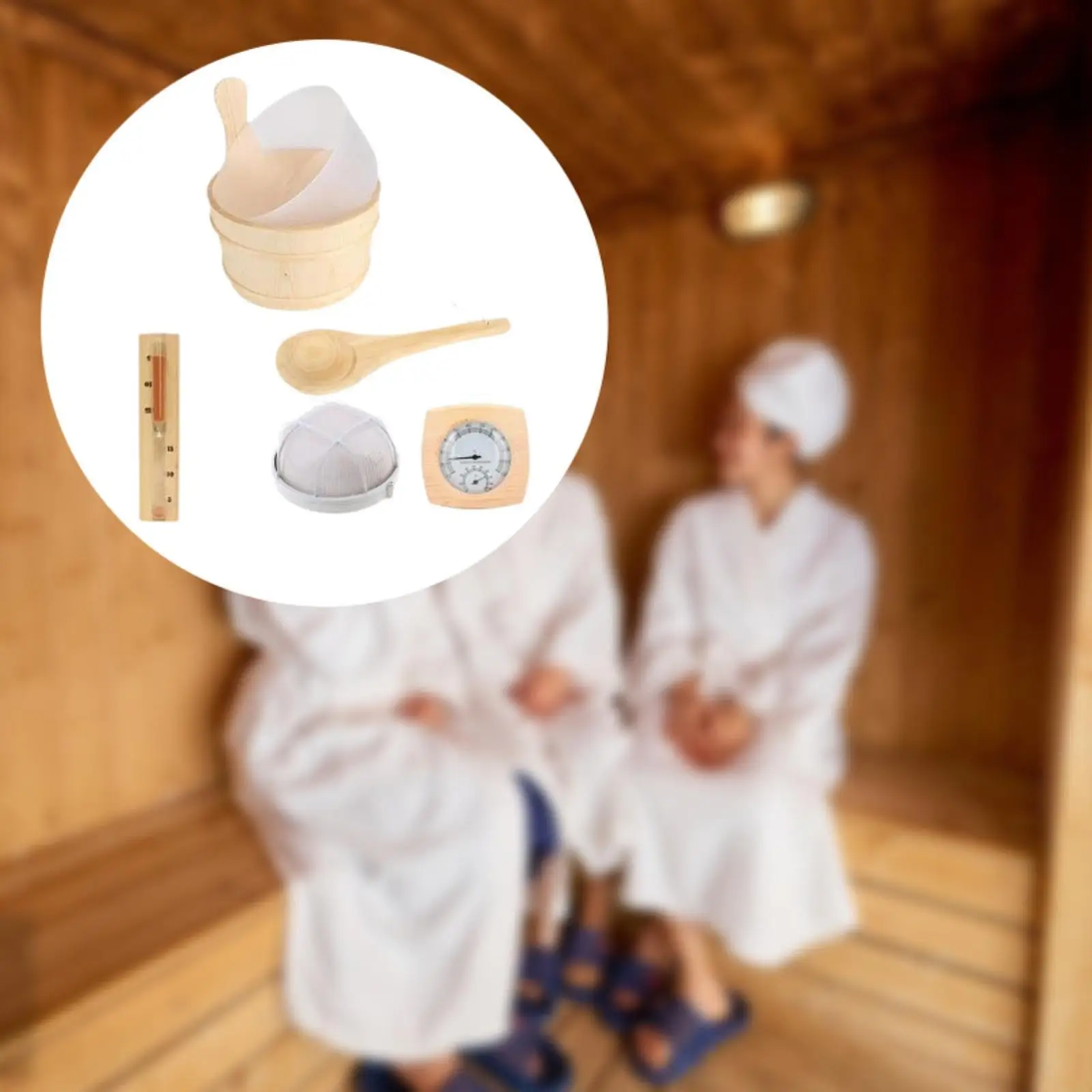 Wooden Sauna Bucket and Ladle Set Professional Temperature Humidity Measurement Sauna Accessories Kit Explosion Proof Lampshade