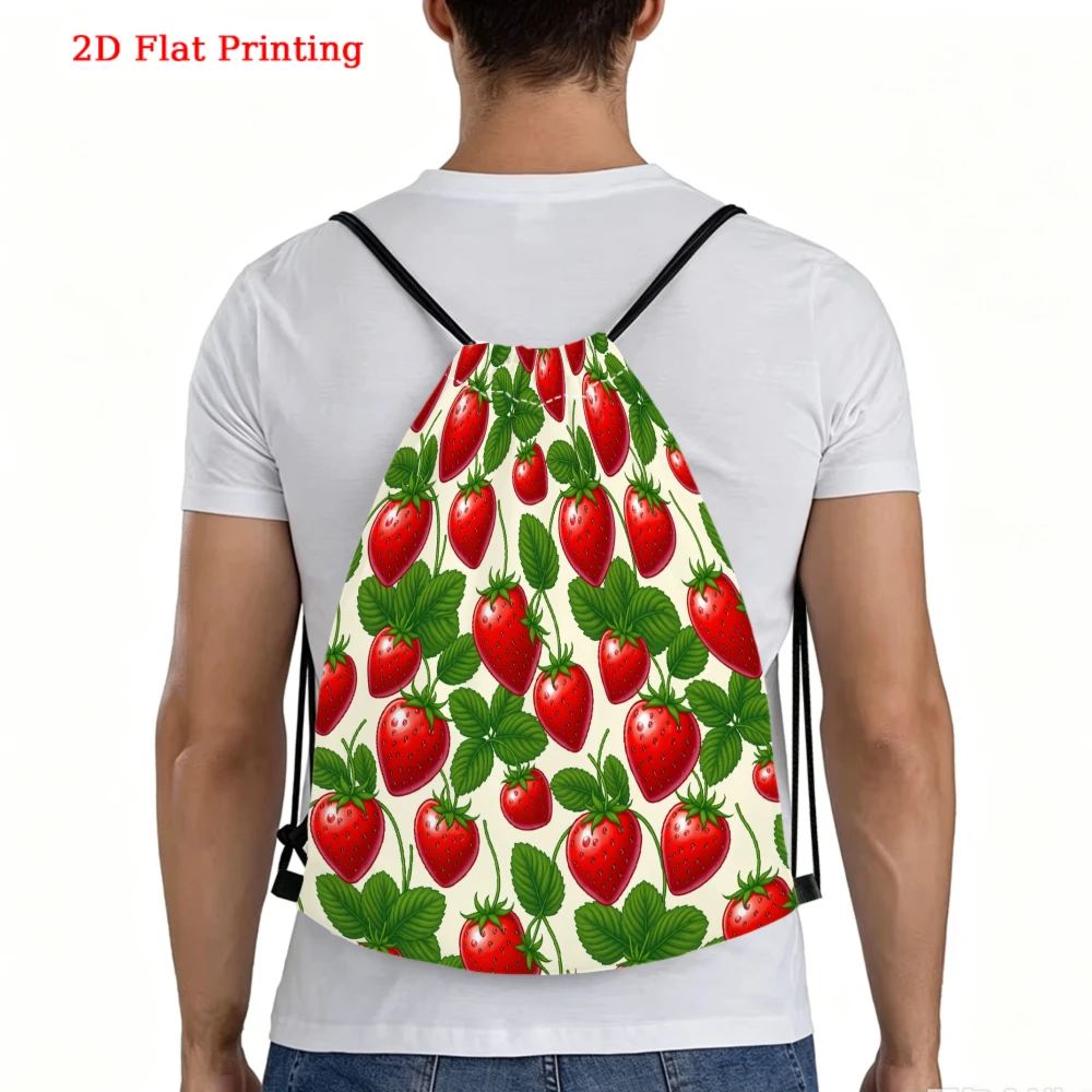 Red Strawberries With Green Leaves Drawstring Backpack, Travel Shoe Bag, Fitness Sports Backpack, Travel Outdoor Drawstring
