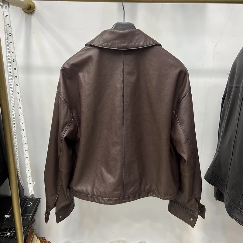 女性春本物のシープスキンレザージャケットファッションクラシックブラックルースリアルレザージャケットコート