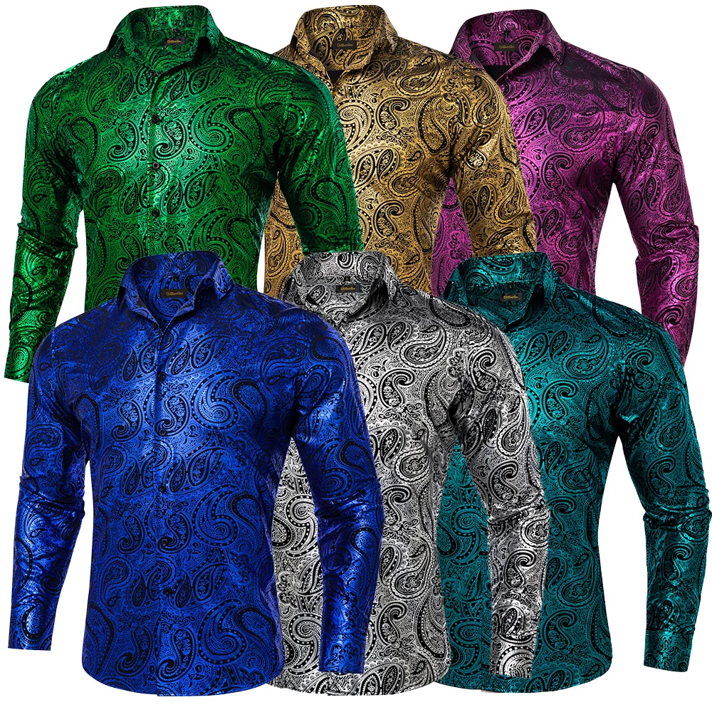 2023 Luxury Gilding Blue Red Gold Paisley Silk Shirts for Men Casual Blouse Loose Tops Long Sleeve Social Shirt Men Clothing