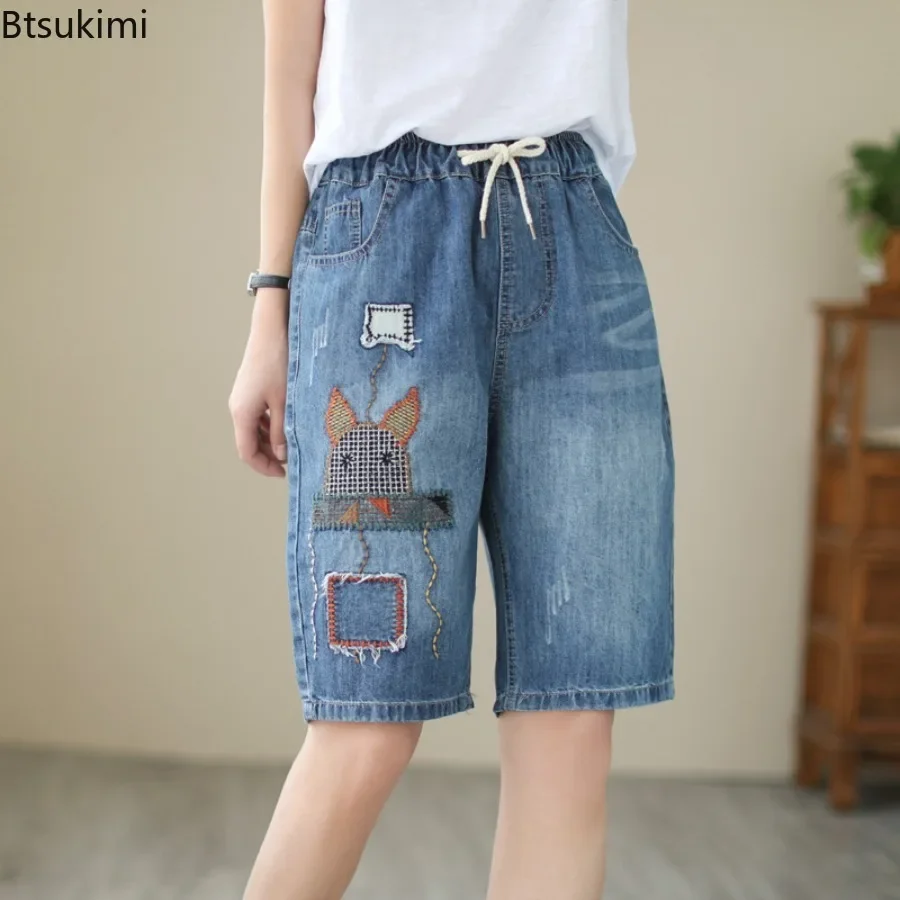 2024 Fashion Women's Summer Jeans Funny Embroidery Vintage Broken Holes Straight Pants Females Loose Casual Pockets Denim Shorts