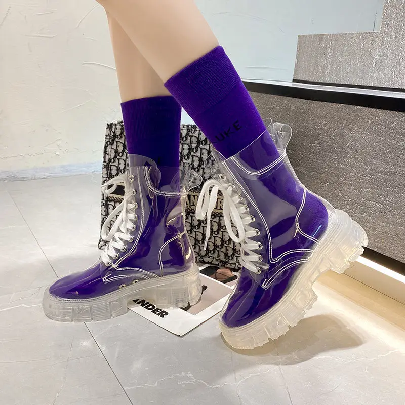 2022 Cool Fashion Women Transparent Platform Boots Waterproof Ankle Boots Feminine Clear Heel Short Boots Sexy Female Rain Shoes