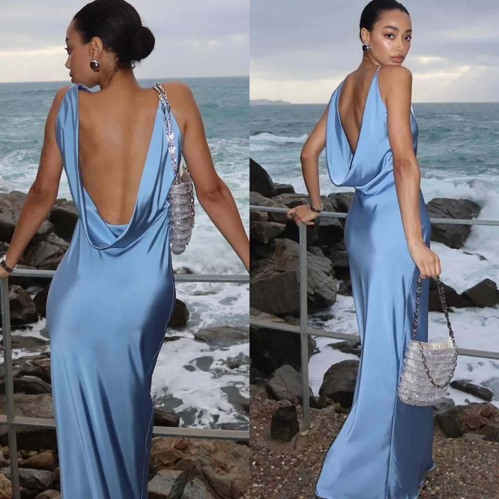 

Customized Exquisite Blue Satin Evening Dresses Fashion Sleeveless Homecoming Dresses Modern Backless Open Back Prom Dress