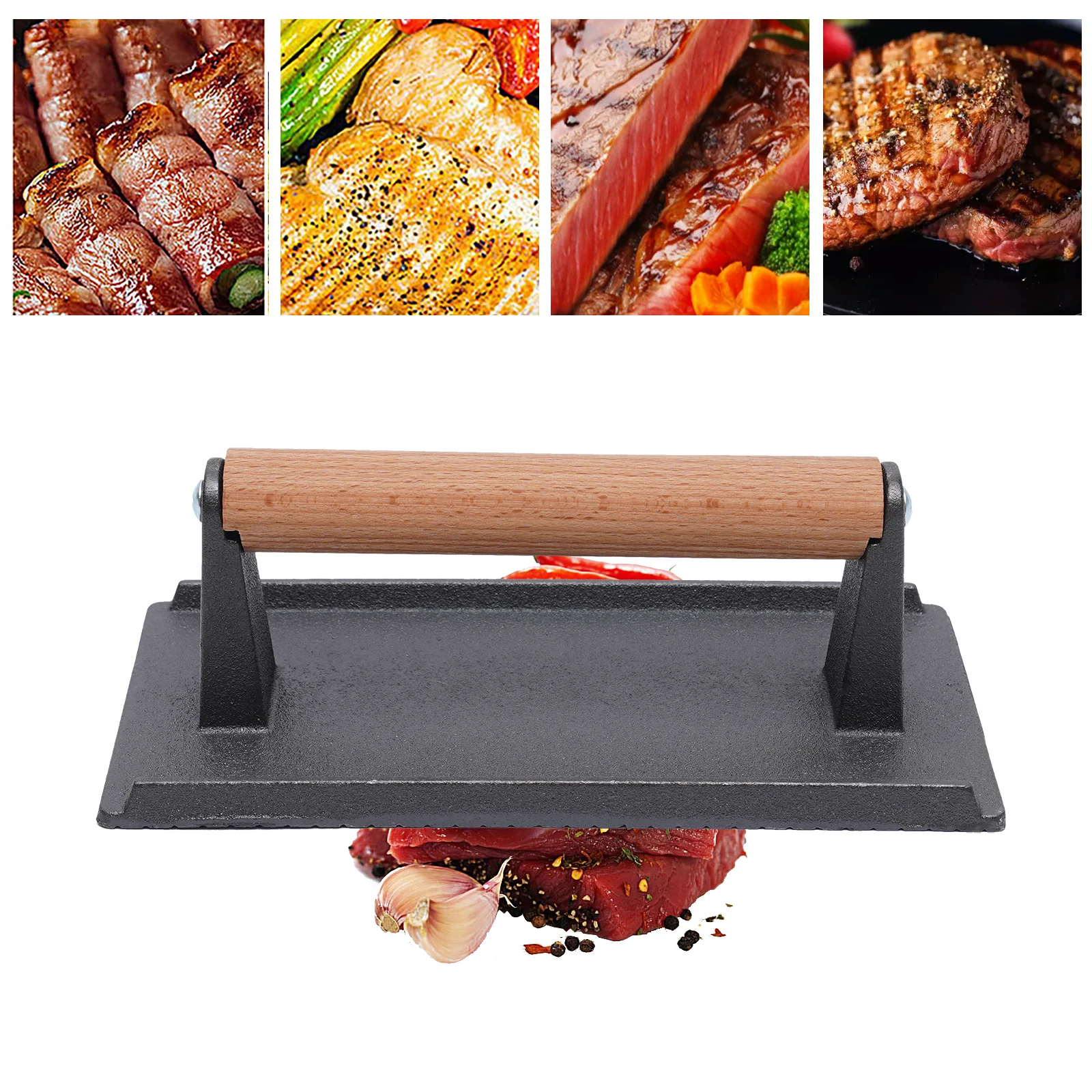 Kitchen Heavy Cast Flat Iron Steak Weight/Bacon Press with Wooden Handle Heavy-Weight Grill Press Commercial Grade Burger