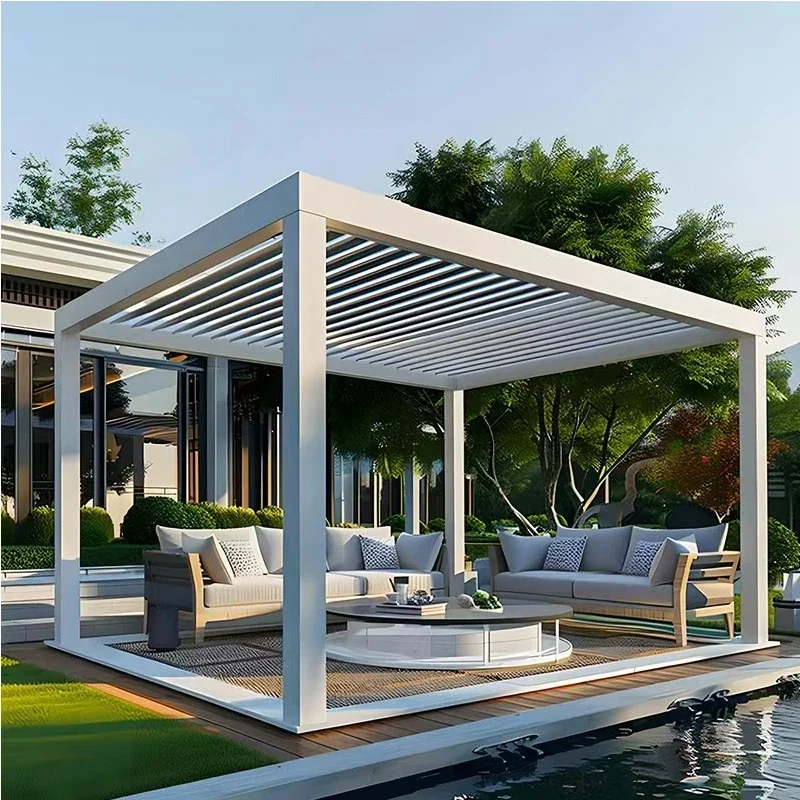 Modern Powder Coated Aluminum Pergola with Ambient LED Lighting Multi-Control Modes Year-Round Balcony and Outdoor Living
