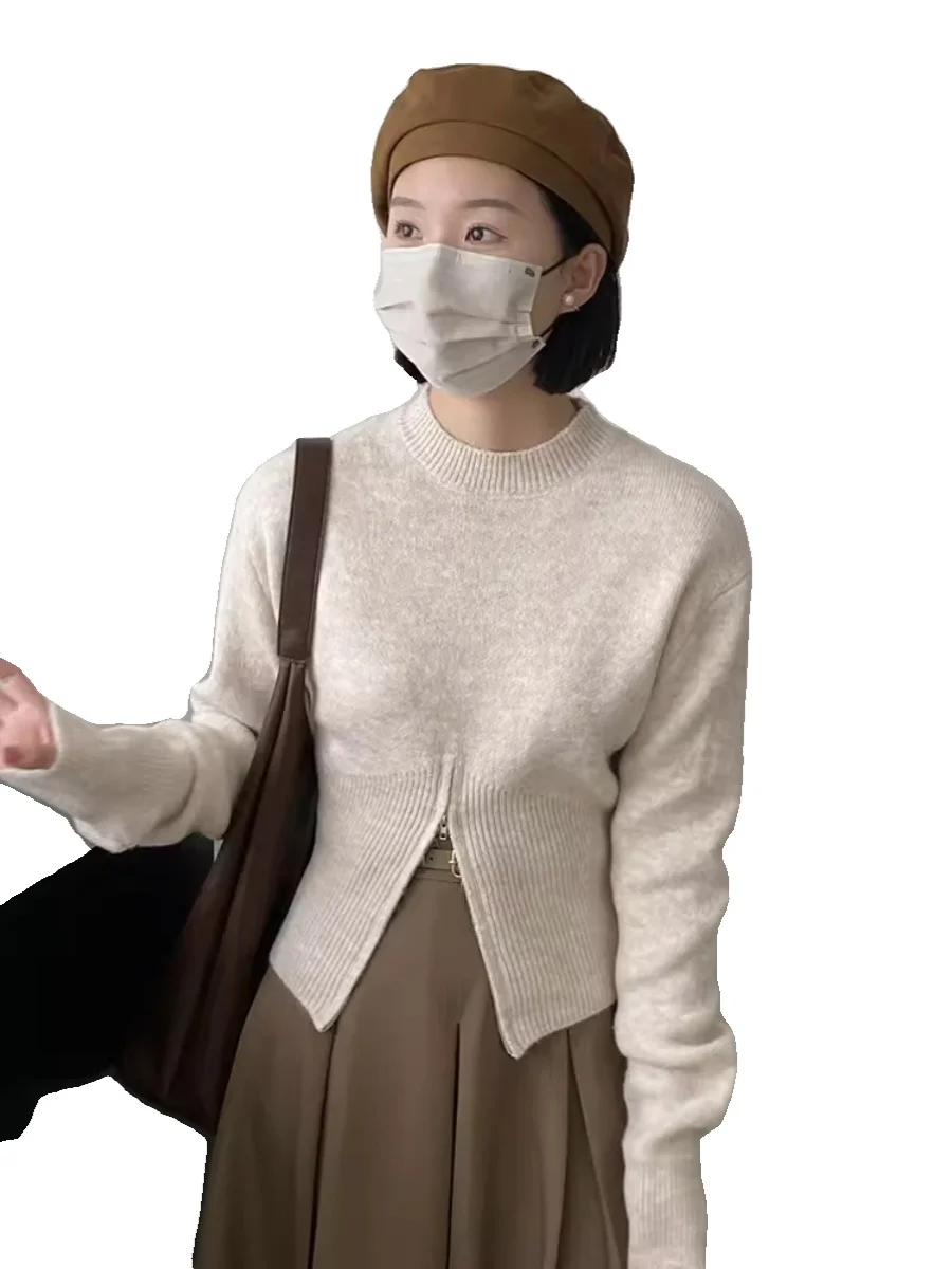 ハイエンドジッパーニットまたはラウンドネックセーター女性のルーズスリミングベースirtトップ2023年秋冬新作sle