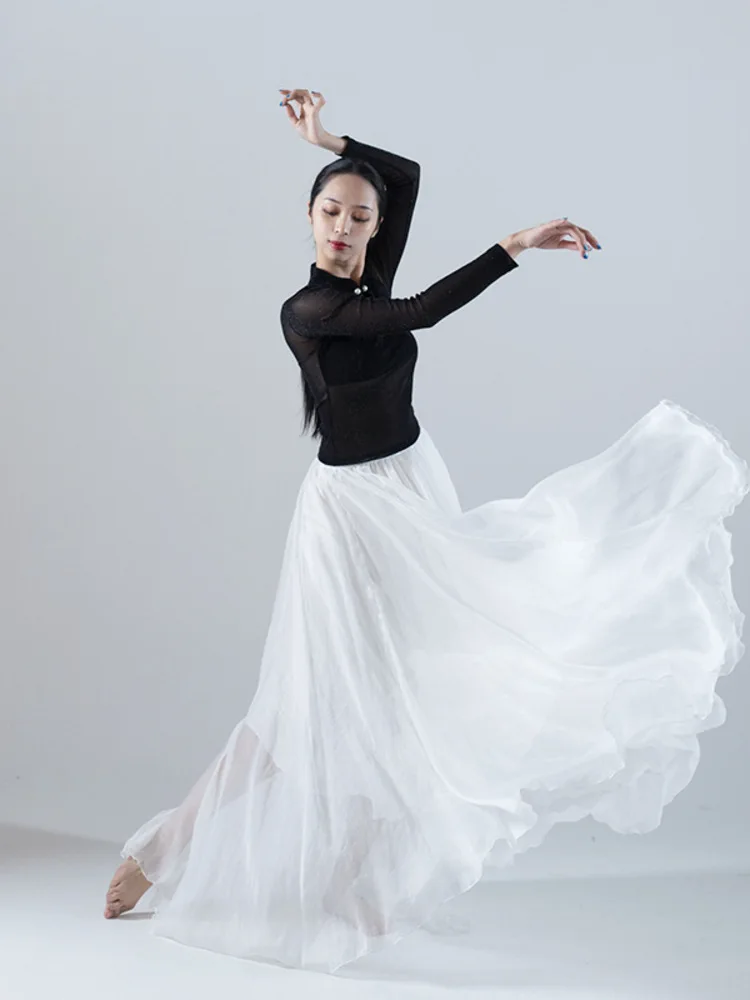 

2025 Pearl Stand Up Collar Hollow Out Clothes White Large Heavenly Silk Floating Skirt Modern Contemporary Dance Performance Set