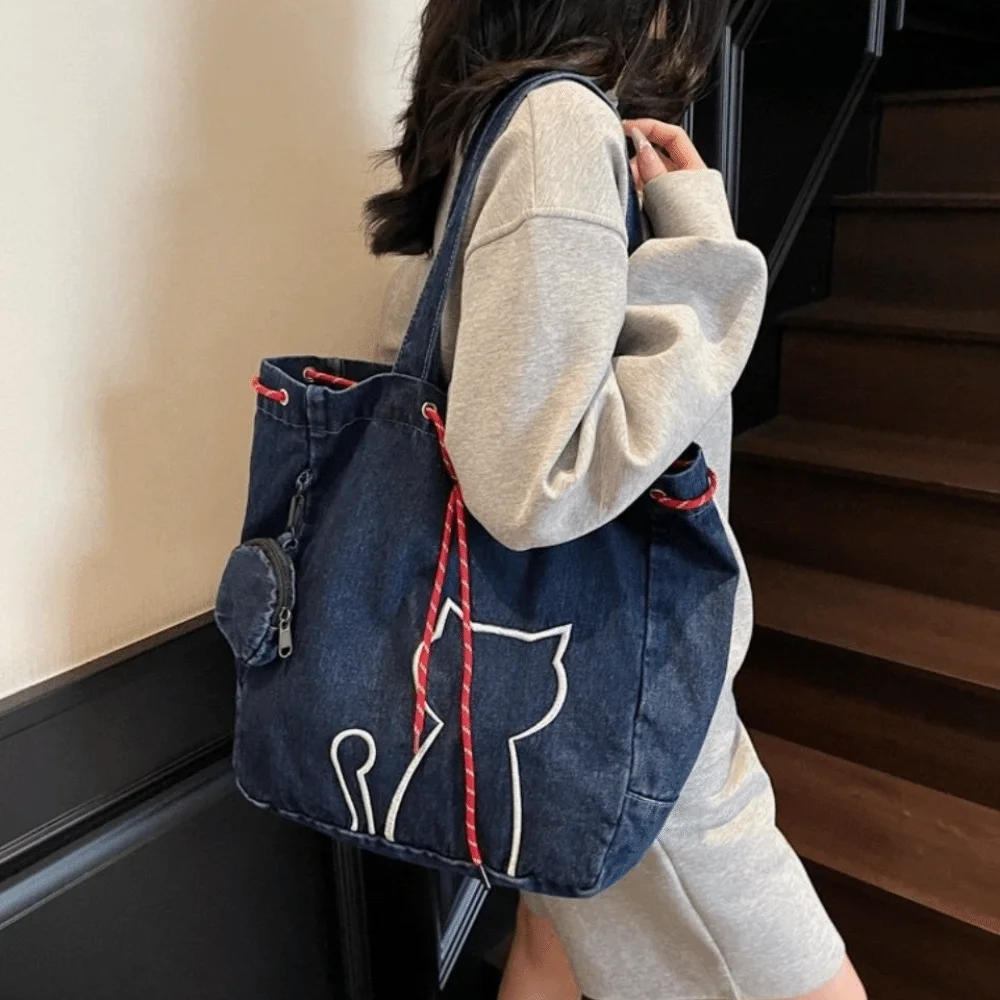 

Stylish Vintage Women Tote Bags Y2k Denim Kitty Shoulder Bags Harajuku Large-capacity Drawstring Bag With Small Bag