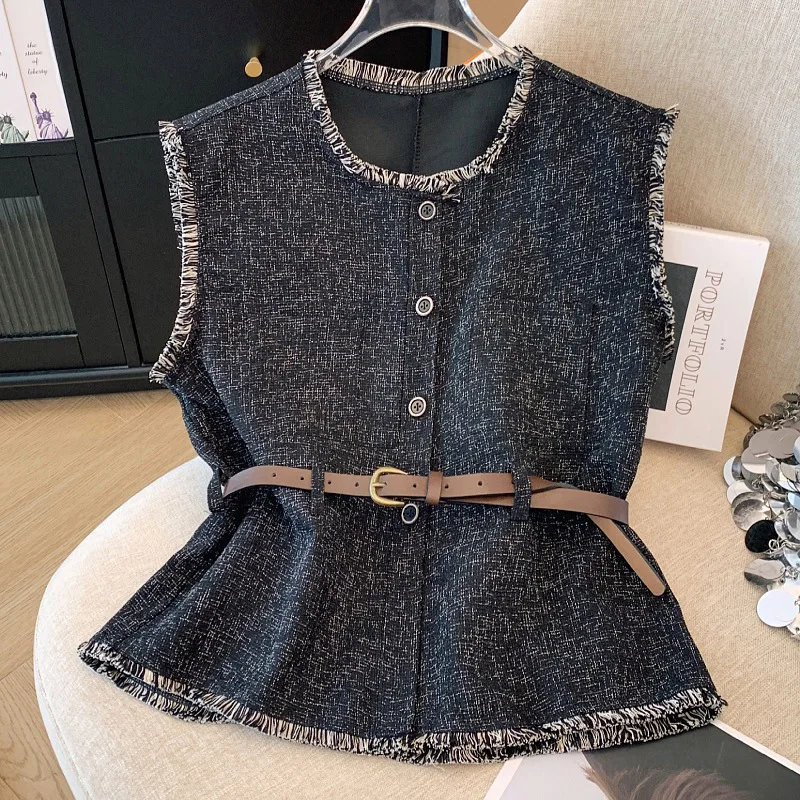 

French sleeveless vest women's autumn new collection waist cinched shoulder short top casaco feminino waistcoat