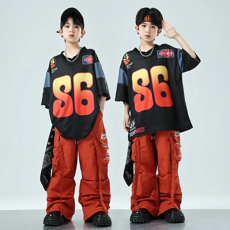 

Loose Boys Hip Hop Dancing Costume Jazz Dance Stage Set KPOP Outfit Kids Performance Clothes Short Tops Red Cargo Pants XH2659