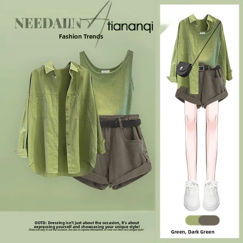 

Spring Summer Casual Set Large Size Women's Sun Protection irt Korean Sle Slimming orts Anti-Aging Tee-piece Set