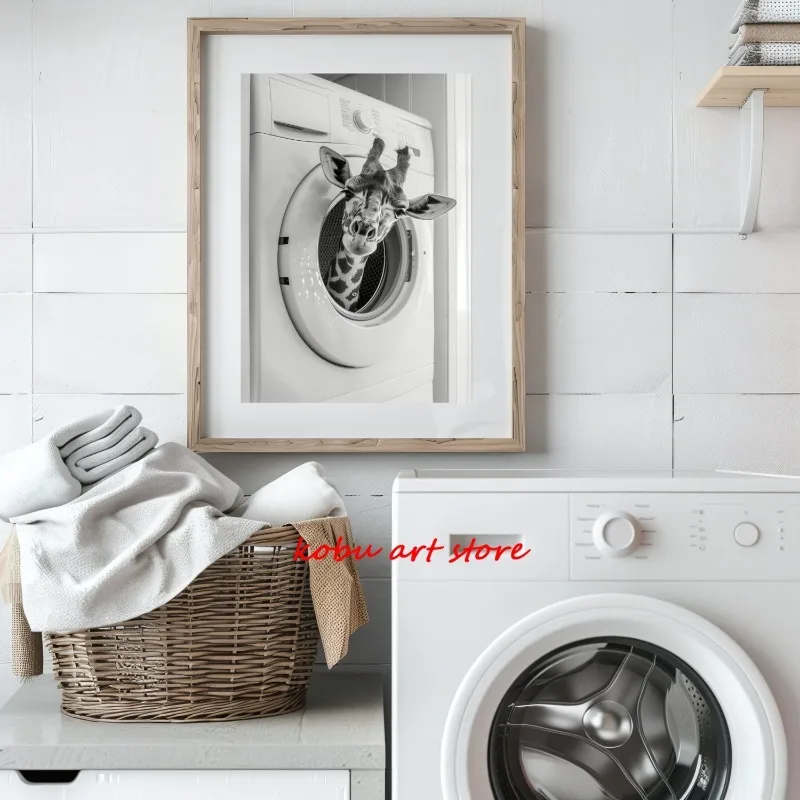 Bear Highland Cow Giraffe Animal in Washing Machine Poster Canvas Printing Wall Art Picture Fun Laundry Room Utility Room Decor