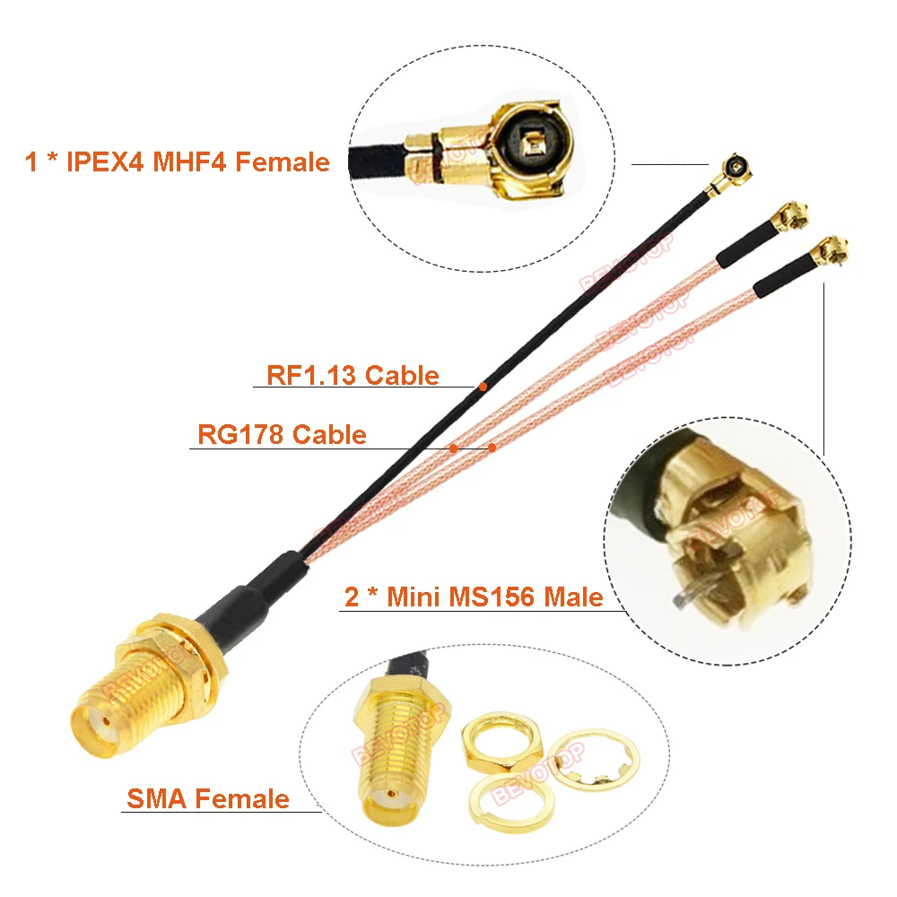 New SMA to  Spliiter Cable RP-SMA / SMA Female to 2x Mini MS156 Male +1x 4 4 Female RG178 RF1.13 Pigtail Jumper