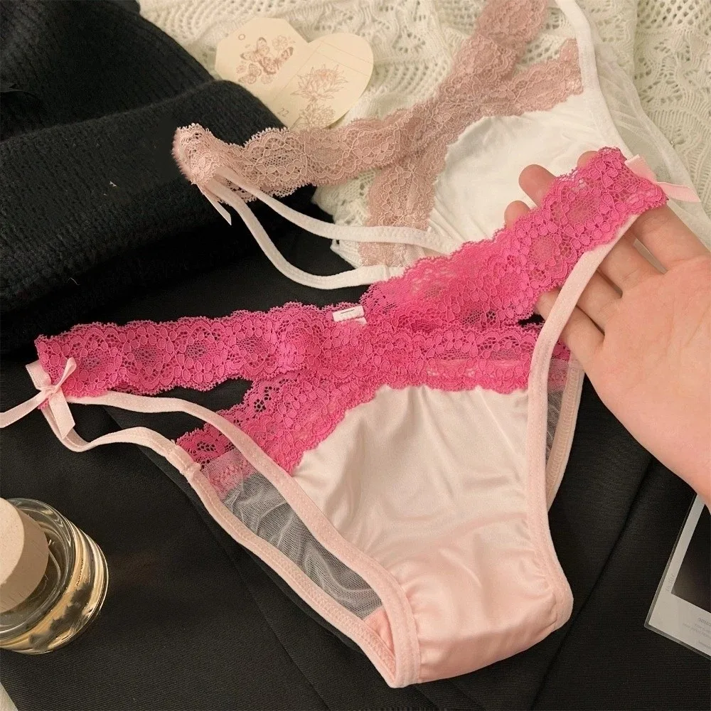 

Cotton Crotch Low Waist Lace Panties Satin Silk Briefs Underwear for Women Cross Belt Bow Lace Briefs Lady