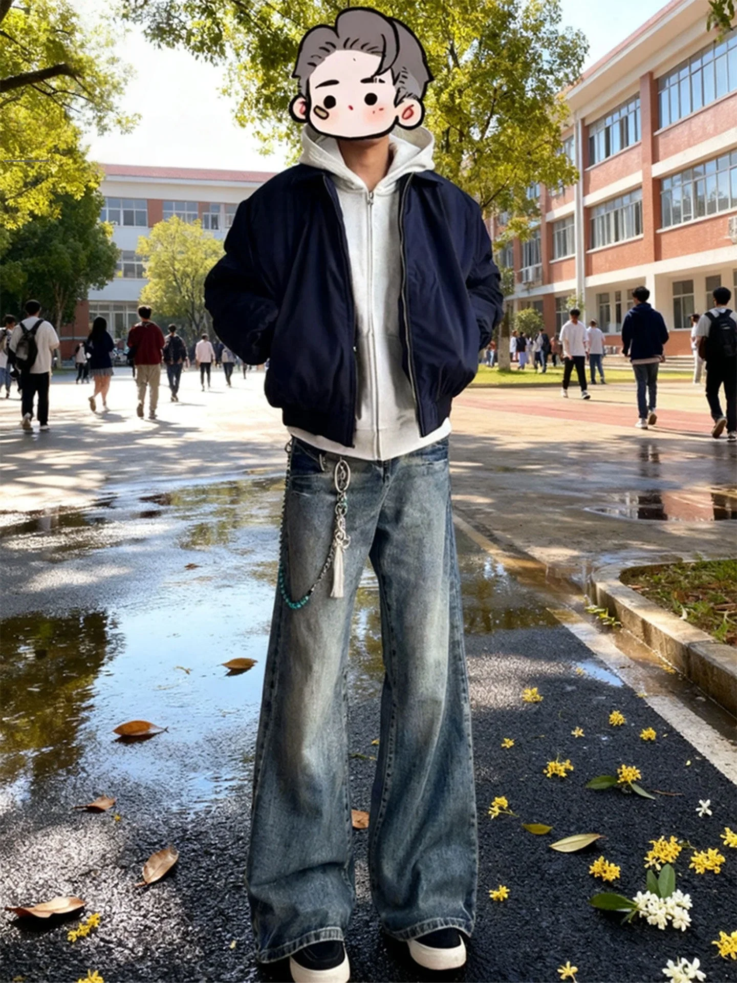 

Low Waist American High Street Sle Men's Jeans with Lightning Pattern And Knife Casual Loose Leggings for Teens And Co...