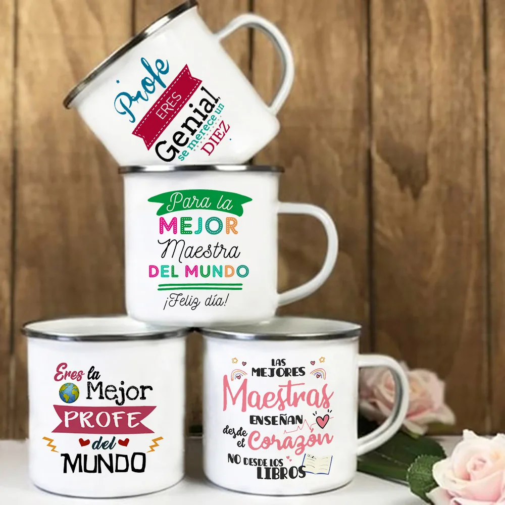 Best Teacher in The World Spanish Printed Mug Creative Coffee Cups Drinks Enamel Cup Vintage Handle Drinkware Gifts for Teacher