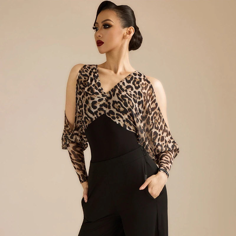 New Women'S Ballroom Dance Competition Tops Adults Hollow Sleeves Leopard Latin Dance Top Ladies Modern Dancing Tops SL16084