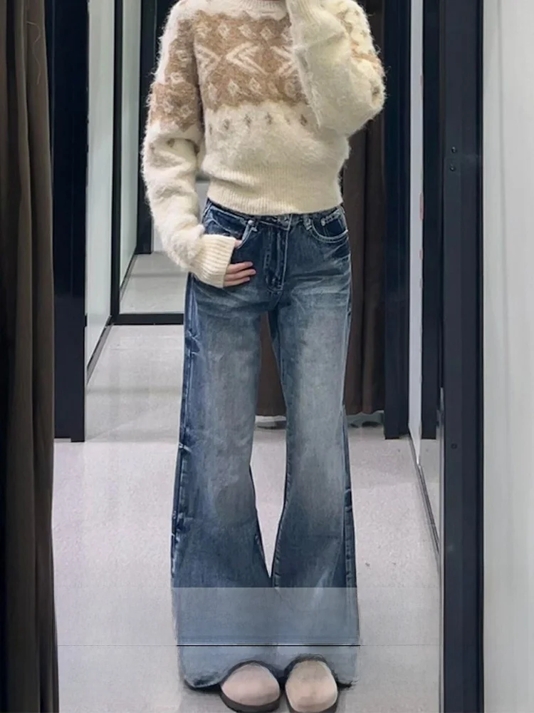 Cintura alta sino bot denim jeans feminino outono inverno thiened retro waed design sentido americano sle solto ajuste jeans