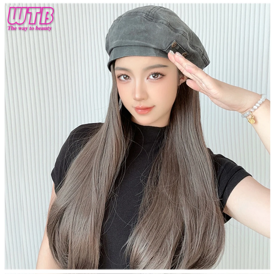 WTB Hat Wig Fashion Women\'s Denim Beret Synthetic Long Straight wig Winter Hat Wig Hat One-piece Wig Keeps Warm and Fashionable