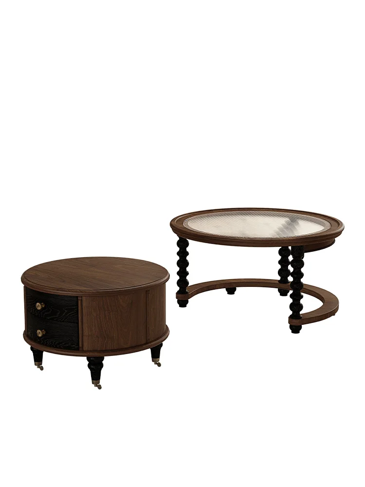 

Red oak, French antique pure solid wood round combination coffee table, small apartment American retro