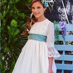 Romantic French Lace Flower Girl Dresses Primera Comunion Para Ninas 3/4 Long Sleeves Jewel Neck Different Color vestidos