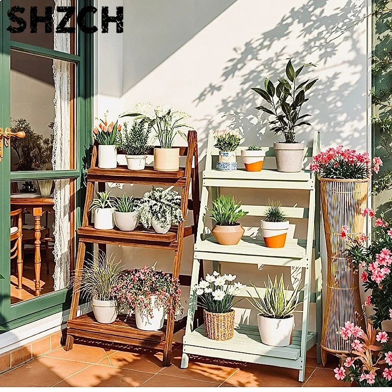 Folding Wooden Balcony Plant Stand Adjustable Multi-Tier Flower Rack Space Saving Shelf