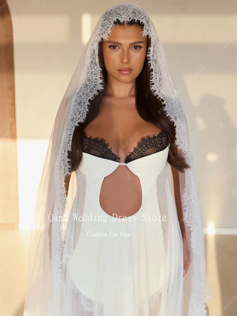 Qanz Bohemio Chiffon Wedding Dresses Lace Appliques Women Robe De Mariée Sweetheart Floor Length Vestido De Noiva Customized