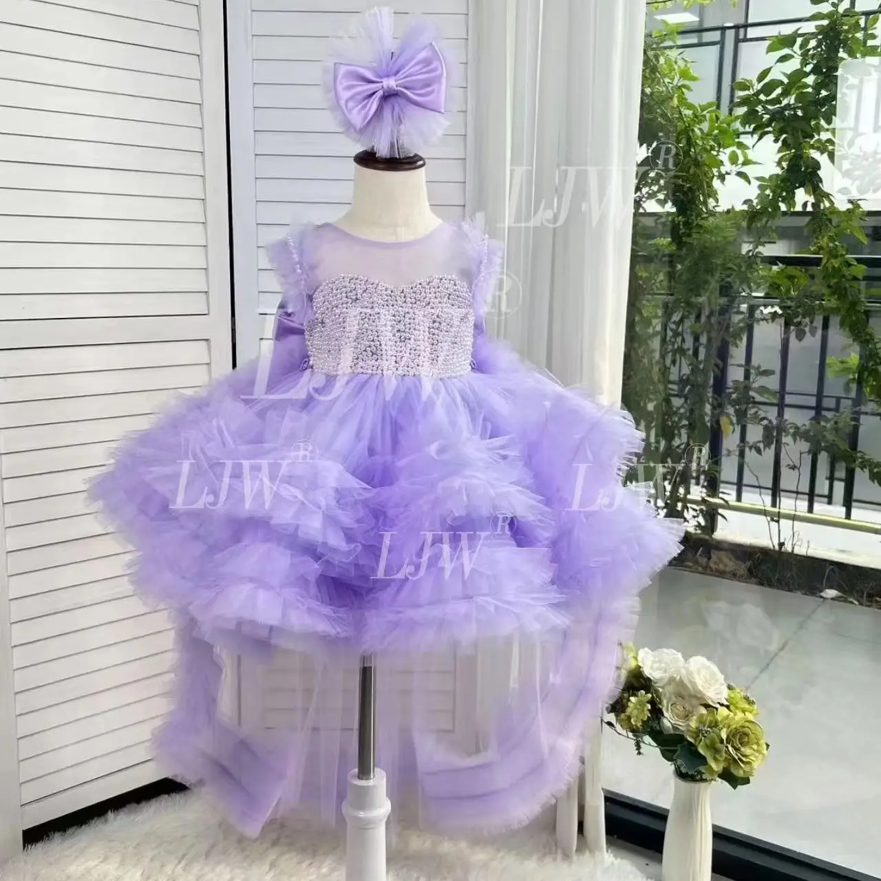 DreamToddler Girl Purple Pearl Beaded Sleeve Tutu Dress Tiered Ruffle Tulle Trailing Bow Train Princess Gown Kids Wedding Pagean