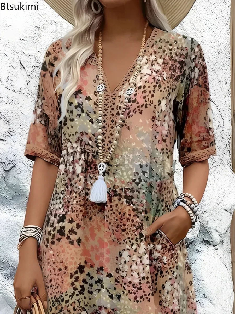 

2025 New Summer Women V Neck Dress Fashion Print Short Sleeve Loose Dresses Female Casual Vacation Boho Holiday Skirt Dress