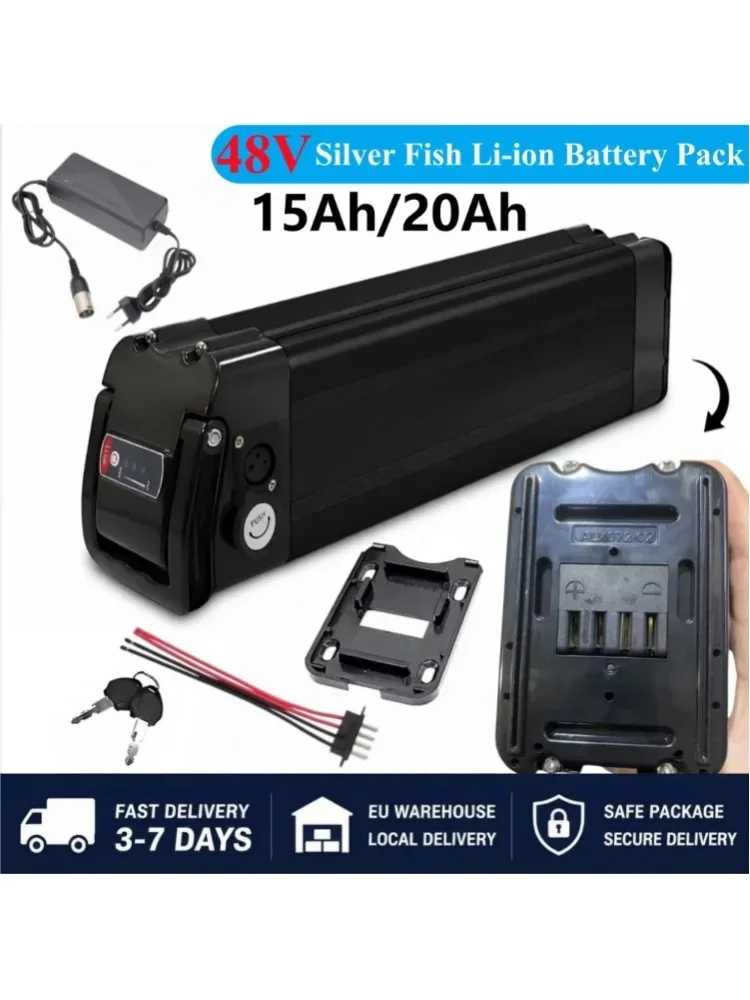 48V Silver Fish Lithium-Akku 15Ah 20Ah mit integriertem BMS für faltbares Citybike 250W-1000W Motor mit 2A Ladegerät Schneller Versand.