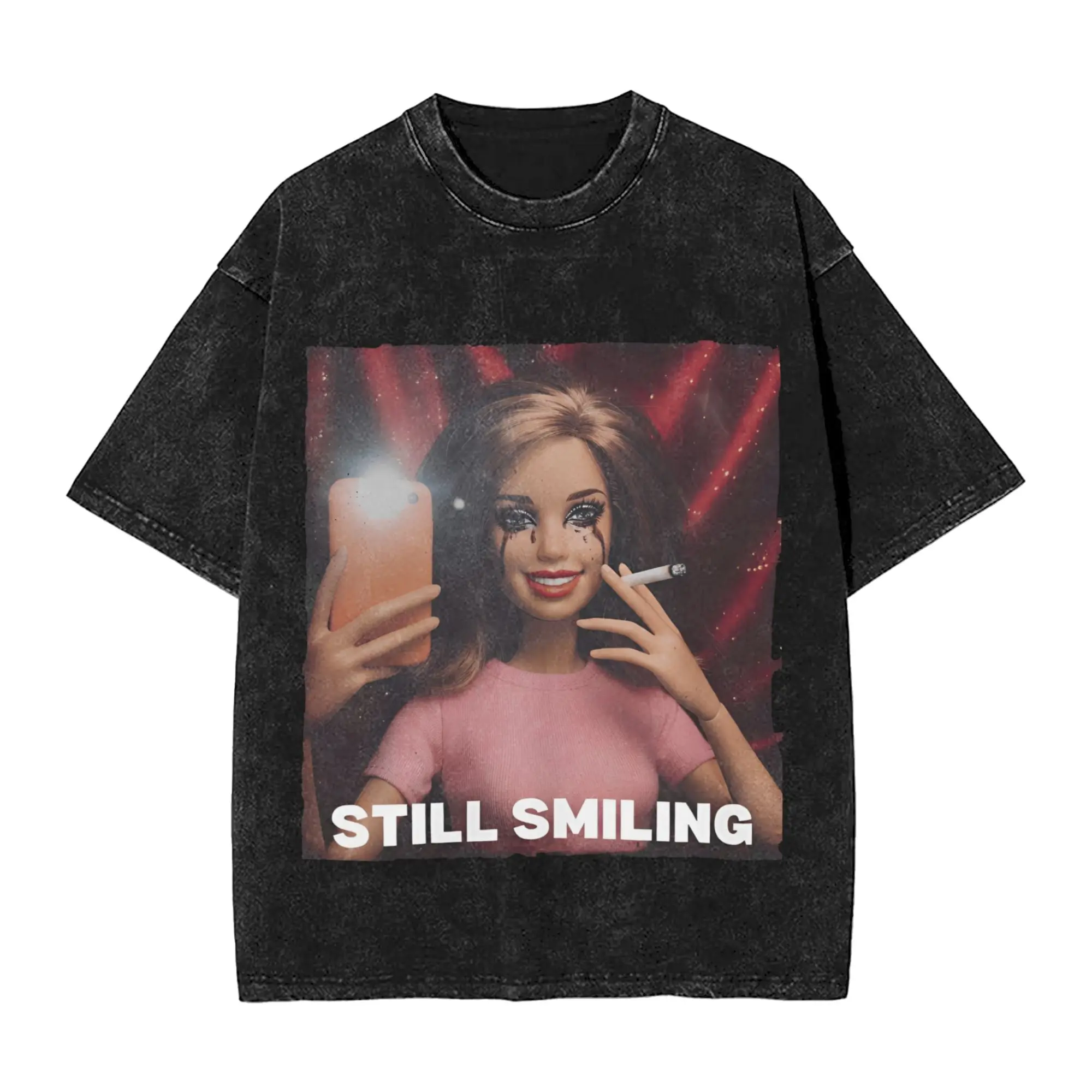 Printed Blonde Doll Disheveled Doll Washed T Shirts Outfit Harajuku T-Shirt  Men Women Tee