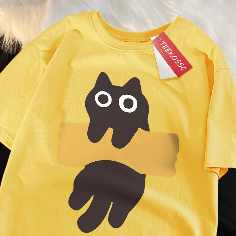 Fun Adhesive Tape Cat Print Japanese Style Short Sleeve Men Women Cotton Oversized T-Shirts Oversized O-Neck New Tops Tees image 3