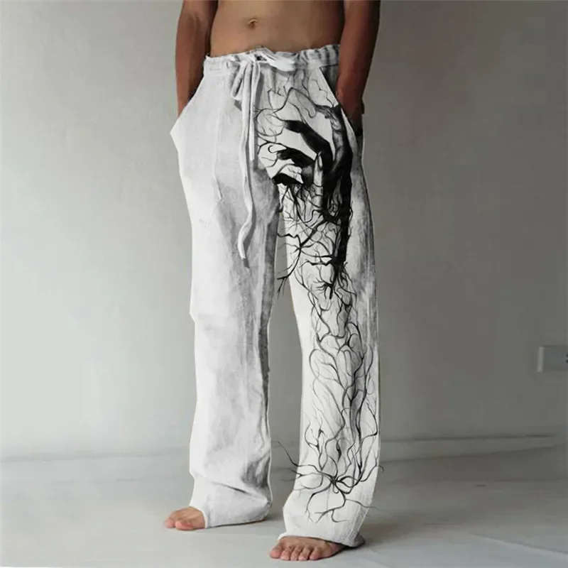 Summer fashion new men\'s wide-leg pants lion print handsome loose casual pants daily comfortable bamboo linen men\'s trousers