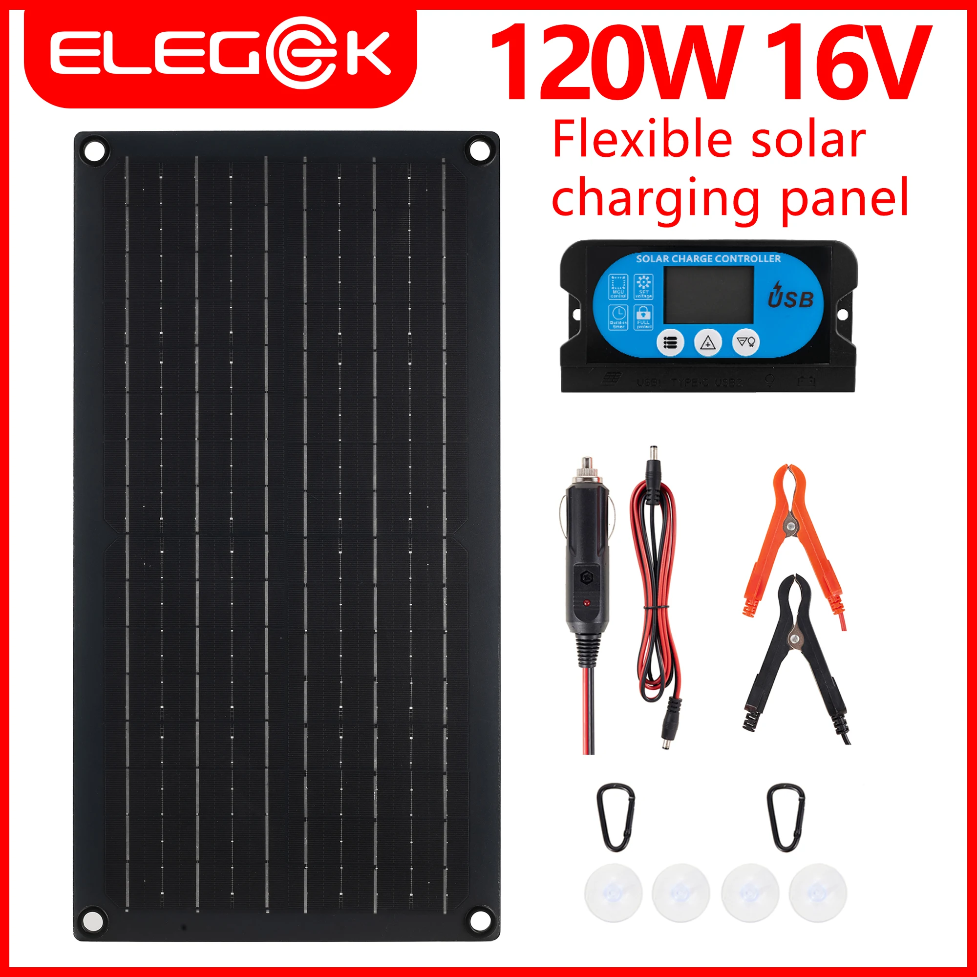 POWWALK 20W-120W Flexible Solar Panel Kit for Battery with 60A Controller USB 5V Type-C /DC 12V/18V for Phone Car Boat RV