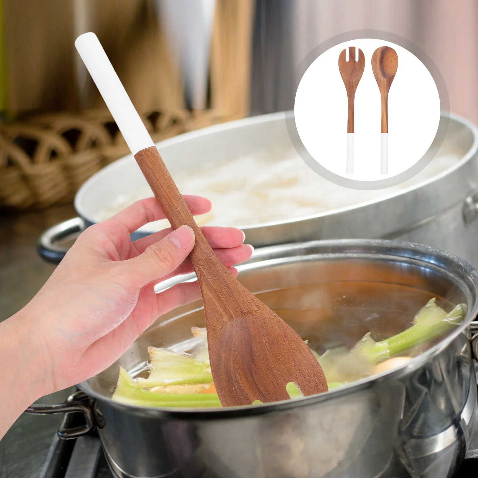 

2Pcs Wooden Salad Utensils Smooth Handle Non-Stick Kitchen Tools for Stirring Serving Mixing Long Handle Spoon Fork for Cooking