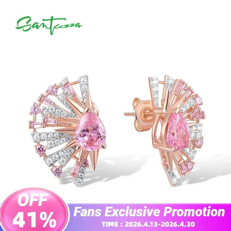 

SANTUZZA Pure 925 Sterling Silver Earrings For Women Pink White Cubic Zirconia Fan Shaped Wedding Engagement Trendy Fine Jewelry