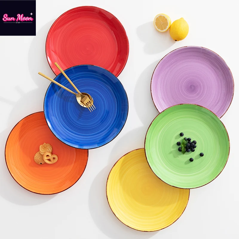 American Colorful Ceramic Dining Plate Steak Plate 26.5CM Dish Round Premium Salad Plate Exquisite Tableware Kitchen Plates Sets