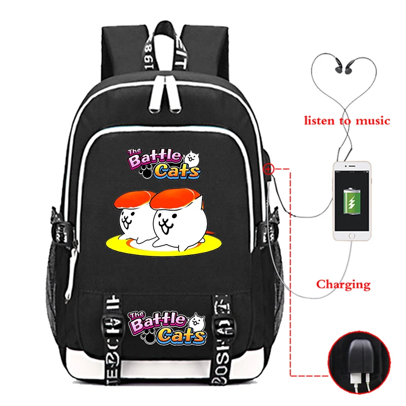 Tas sekolah Game The Battle Cats dengan Port pengisi daya USB tas punggung Laptop tas buku tahan air pelajar laki-laki perempuan bepergian