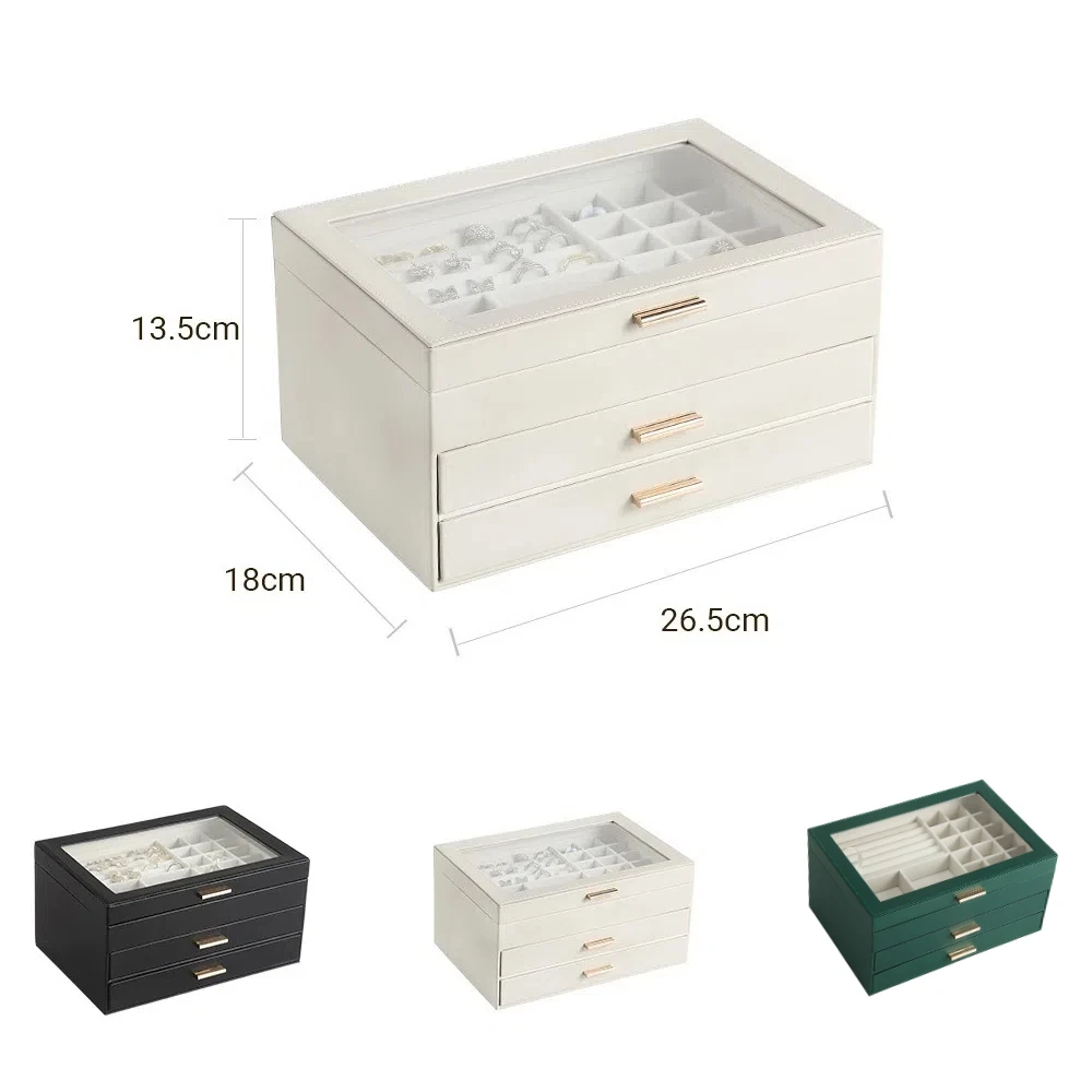 3-Layer Rack Jewelry Box,PU Leather Jewelry Organizer,Women Jewelry Boxes with 2 Drawers Large Storage Box for Earring Necklaces