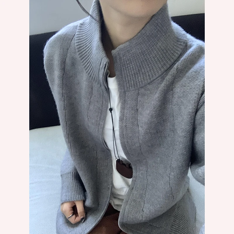 

ay f-High Collar Open Cardigan Knitted Jaet Men's Casual Autumn Winter Sweater American Sle Heavyweight Standing Collar