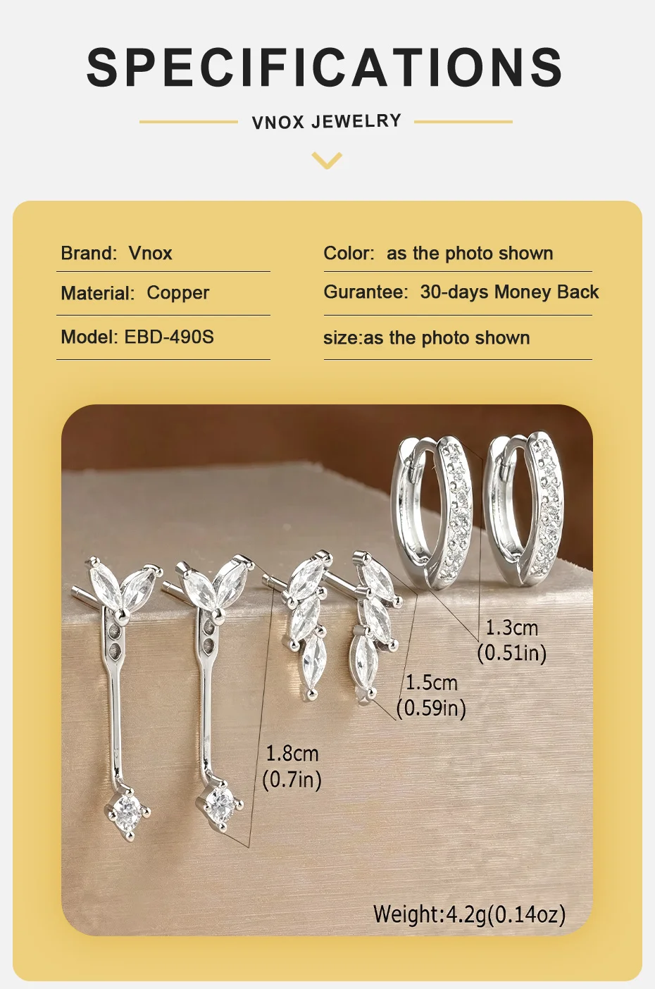 Vnox Luxus 3 Paar Geometrische Creolen-Sets für Damen Silberfarbene Zirkon-Ohrhänger Hypoallergener Schmuck für den Alltag – Detail 4