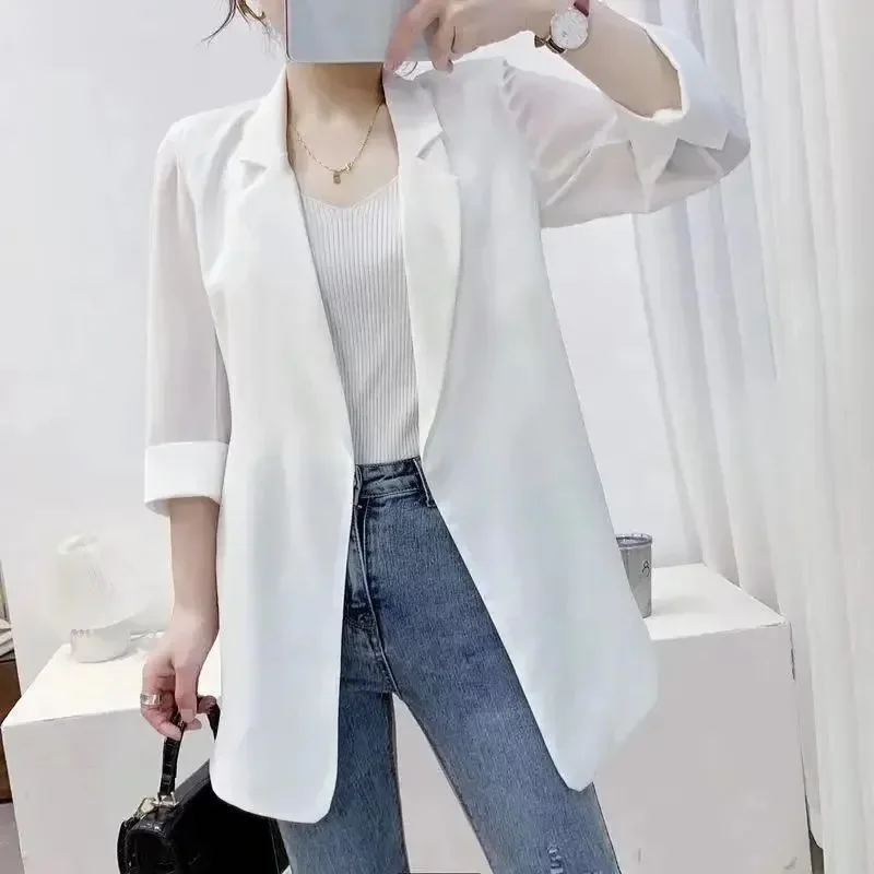 

Frühling Sommer Frauen Chiffon Kleine Blazer Jacke Dünnen Anzug Mantel Dame Lässig Top 2024 Feste Blusen Blazer Oberbekleidung