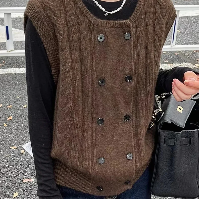 Women's Knitted Cardigan Vest Double Button round Neck Sleeveless Pure Color Spring 2023 Fashion Versatile  Color Sweater