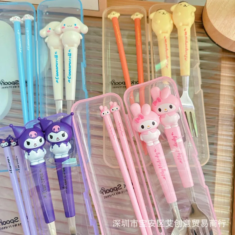 

3Pcs Kuromi Spoon, Fork and Chopsticks Cutlery Box Set Stainless Steel Student Children Doll Shape Cutlery Box Girl Gift