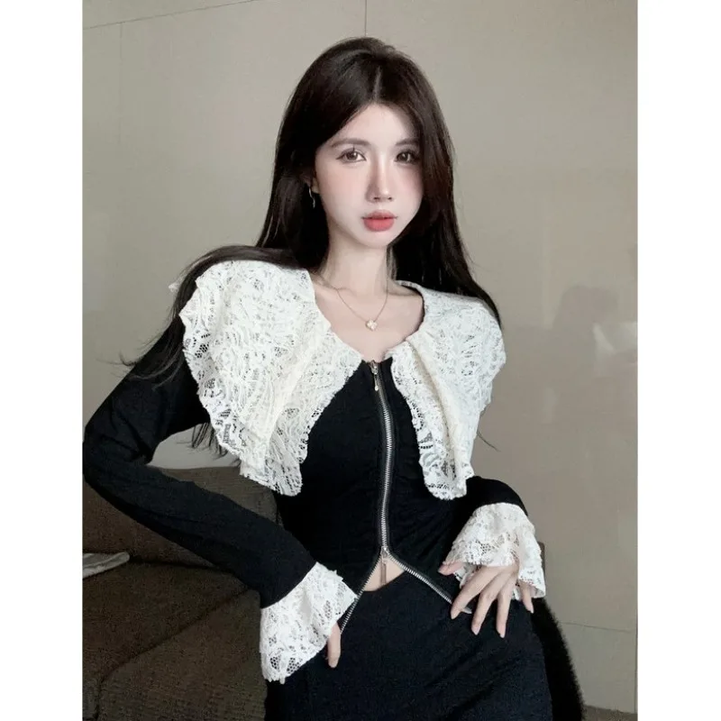 

Женская рубашка с длинными рукавами во французском стиле осенью и зимой 2025 года, кружевная темно-синяя рубашка с воротником в стиле пэчворк, плиссированная базовая рубашка на молнии