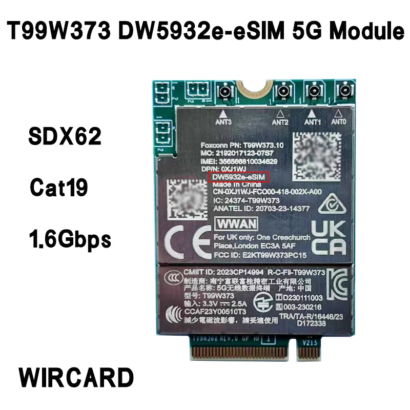 New DW5932e DW5932e-eSIM T99W373 SDX62 Global 5G Modem LTE Cat19 M2 Wireless WWAN For Latitude 7350 7450 7650 9450