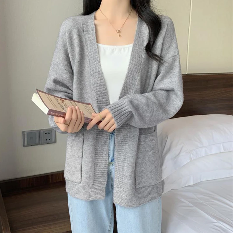 

Lucyever Ladies Long Sleeve Knitted Cardigan 2022 Autumn Solid Color V Neck Sweater Coats Woman Pockets Loose Cardigan Ladies