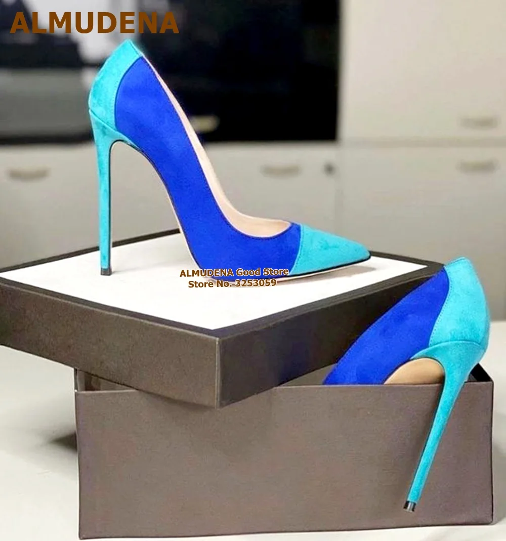 

ALMUDENA Turquoise Royal Blue Suede Patchwork High Heel Shoes 12cm 10cm 8cm Stilettos Mixed Color Shallow Pumps Size45 Shallow