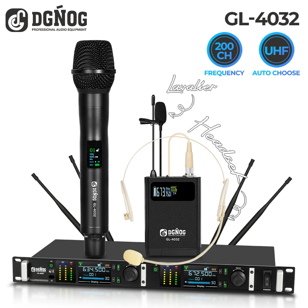 

DGNOG GL-4032 UHF Wireless Microphone System, 2-Channel Lavalier, Headset, and Handheld Microphone for Performances and Karaoke