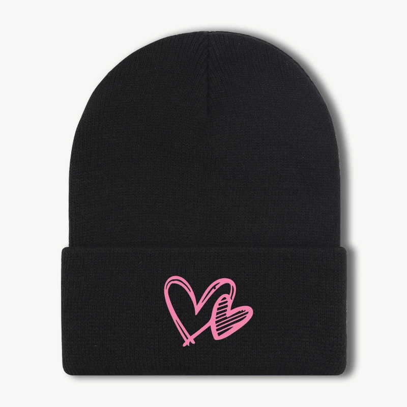 Double-Heart Pink Printed Knit Beanie Warm, Comfortable, and Highly Stretchy Beanie Sweet, Gentle, Simple, and Fashionable Unise